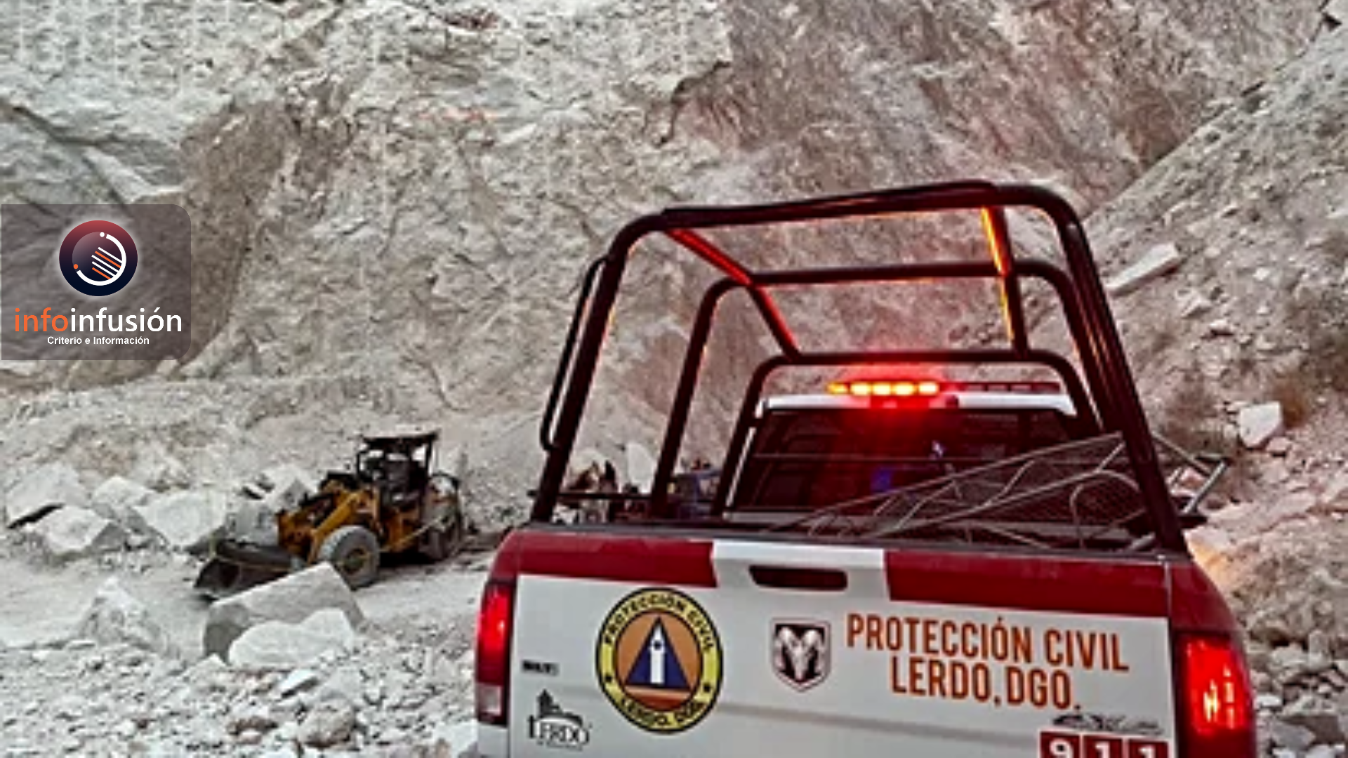 Muere trabajador de una mina de mármol en Lerdo al caer con trascabo hacia precipicio