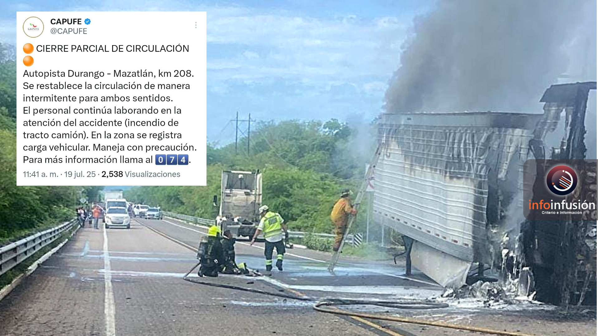 Se incendia tráiler en la supercarretera Durango-Mazatlán