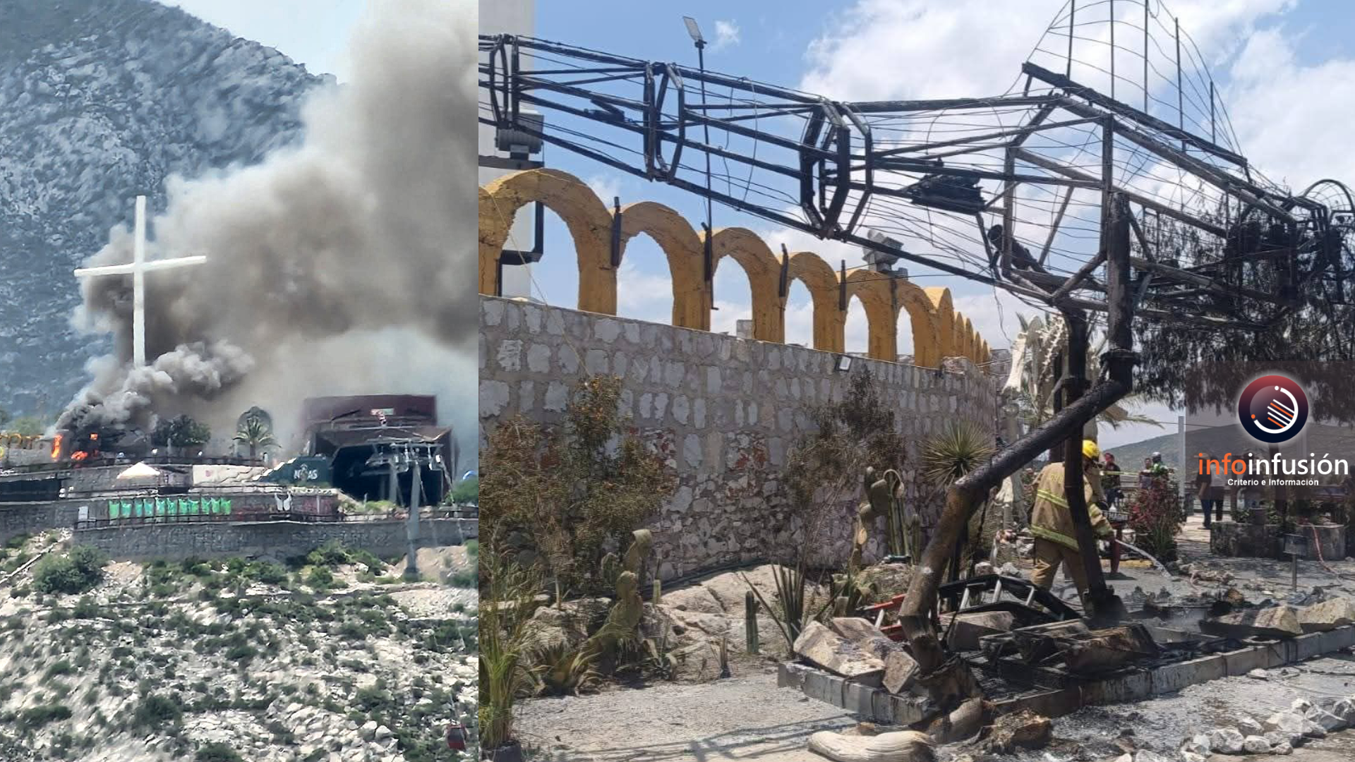 Arde dinosaurio animatrónico en Cerro de las Noas, en Torreón