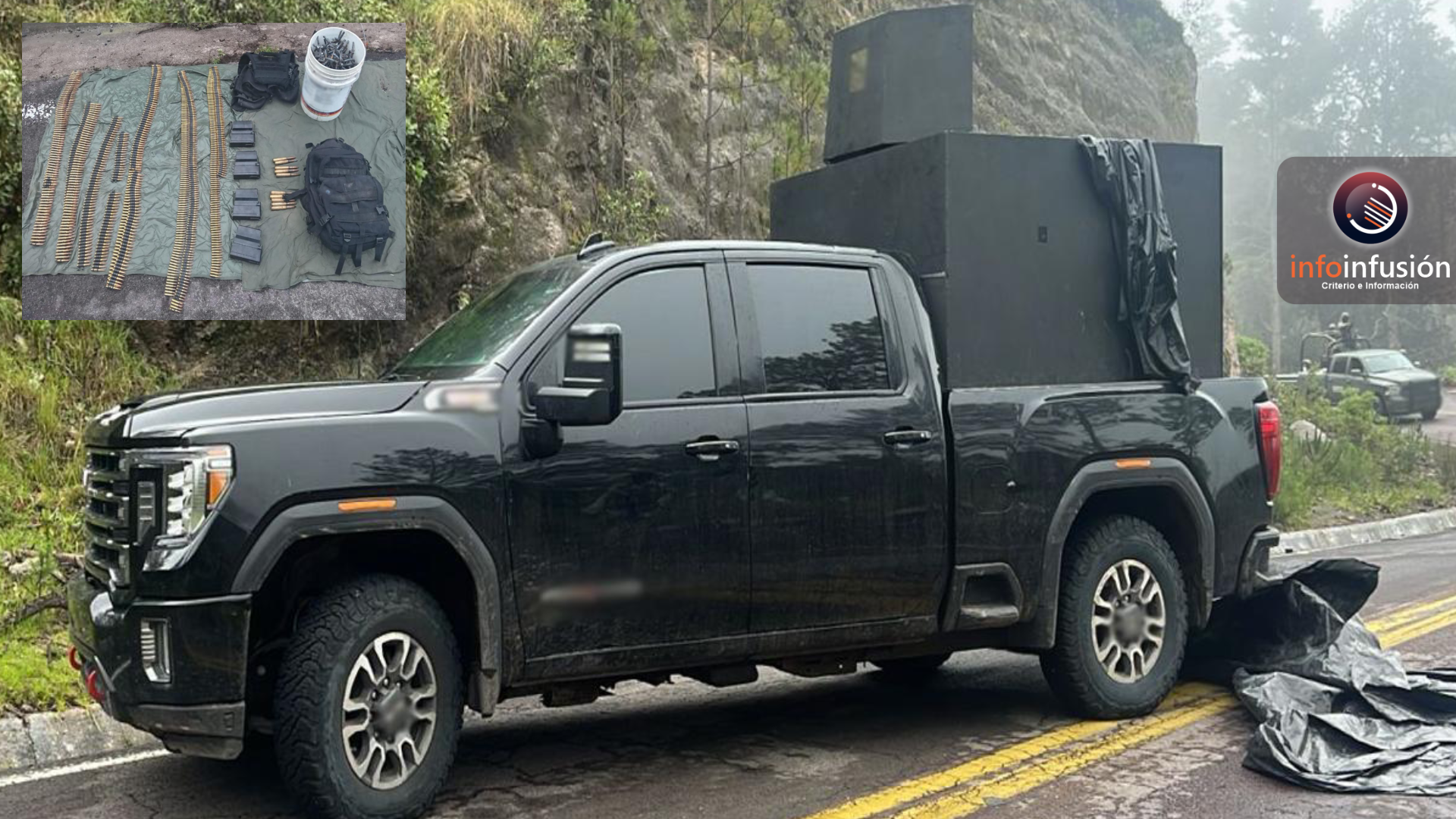 Aseguran camioneta blindada y arsenal en Pueblo Nuevo