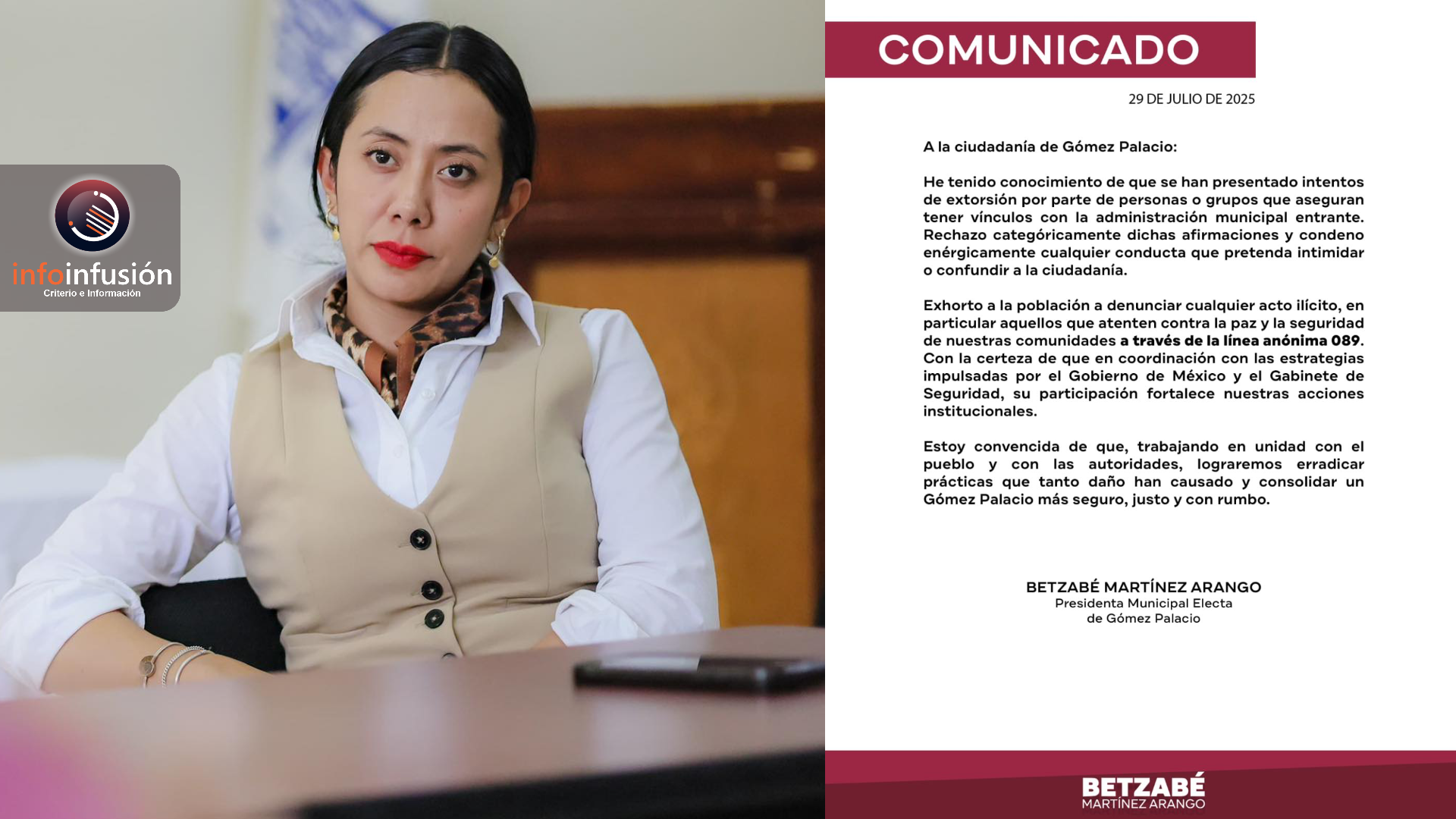 Denuncia Betzabé Martínez intentos de extorsión en Gómez Palacio
