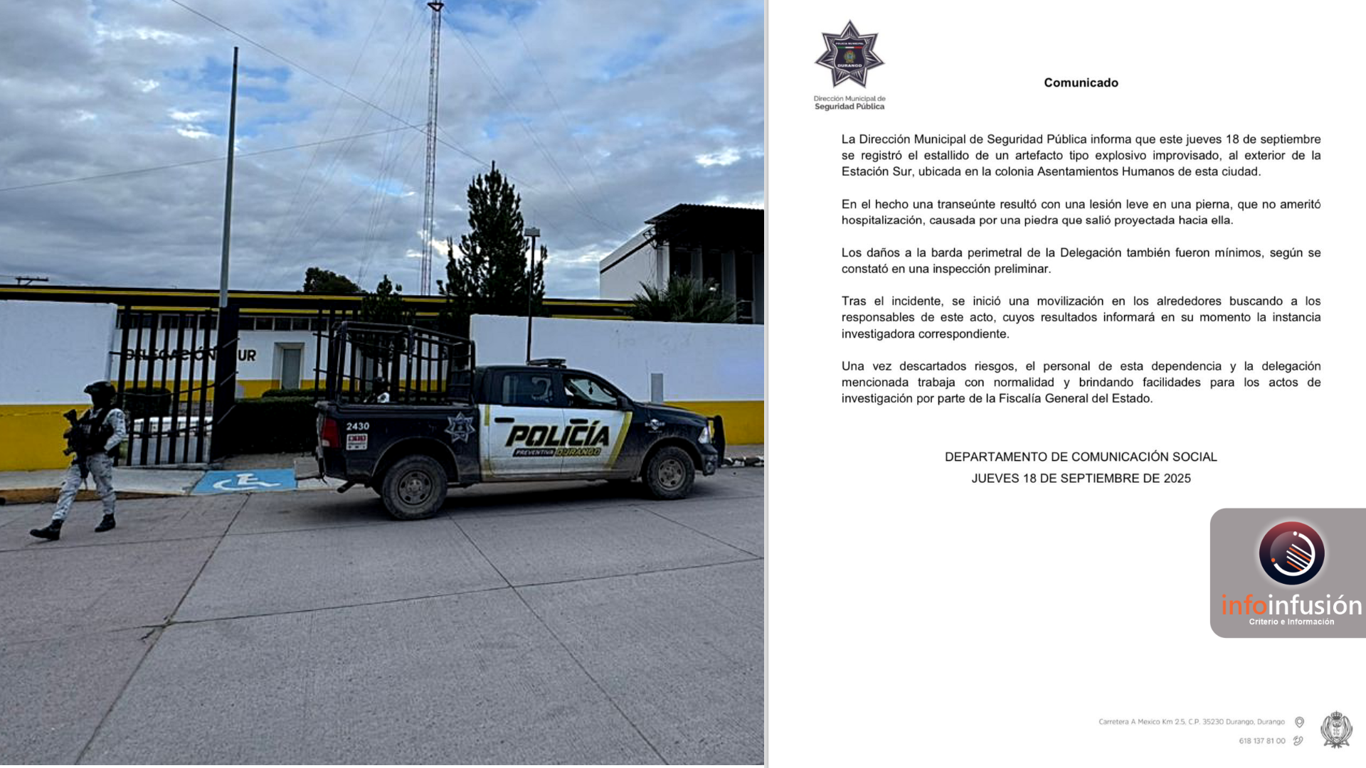 Atacan con explosivo delegación sur de Policía Municipal en Durango