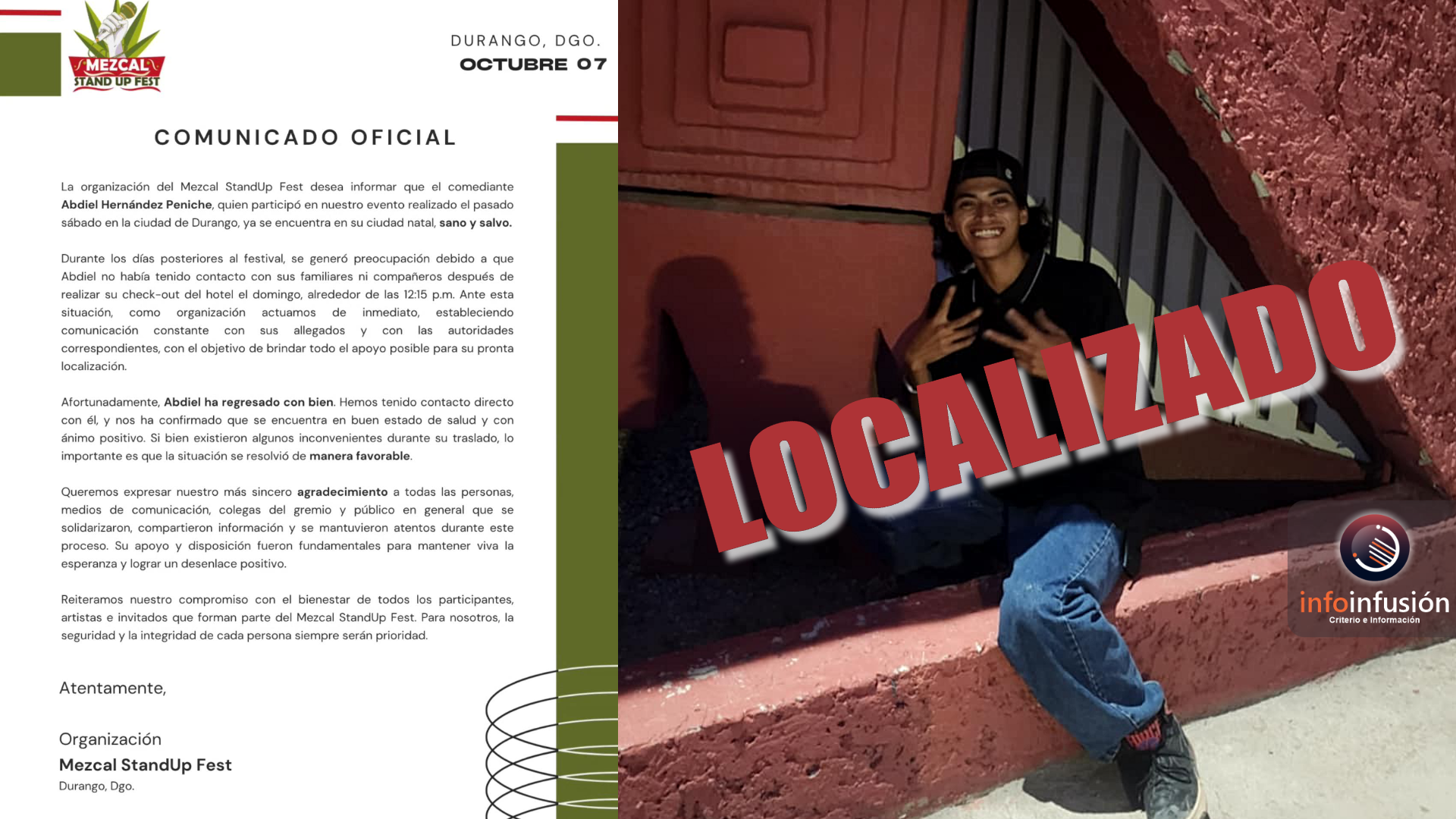 Localizan a comediante chihuahuense desaparecido tras presentación en Durango