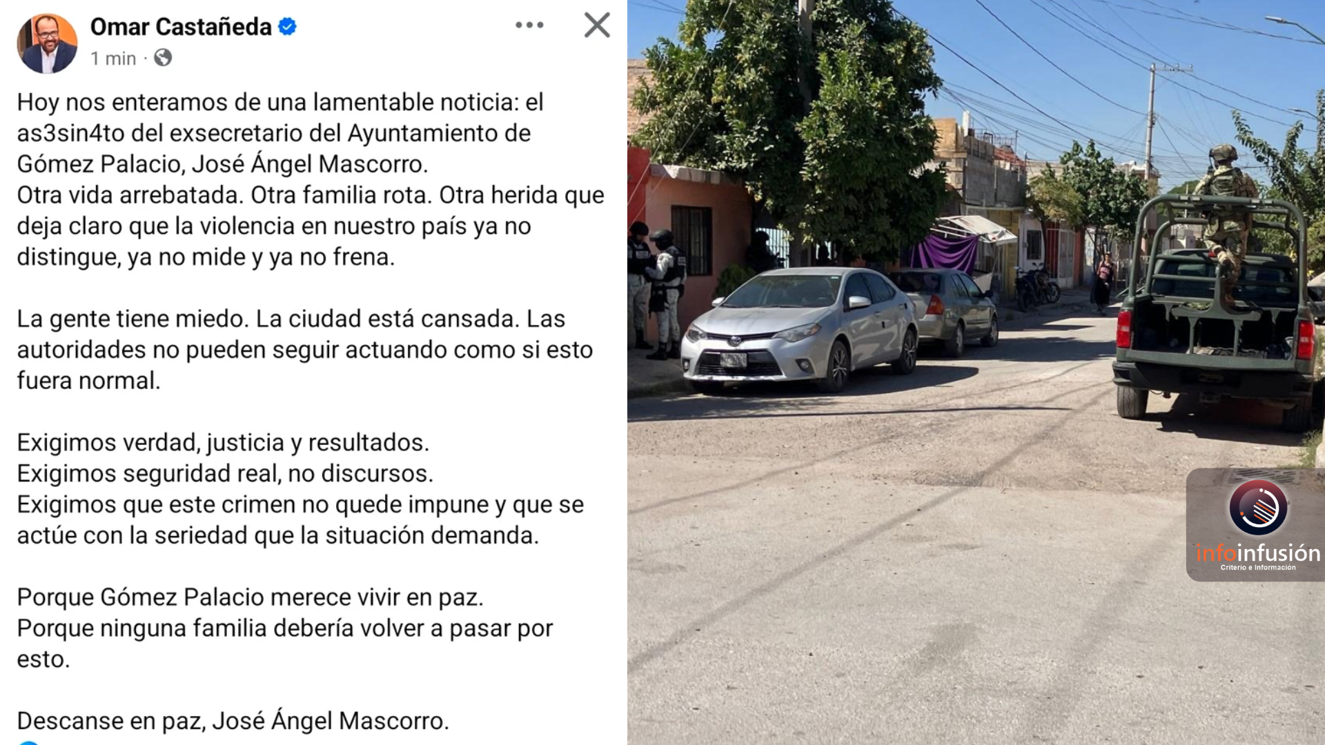 Dirigente de MC exige seguridad en Gómez Palacio tras asesinato de exfuncionario
